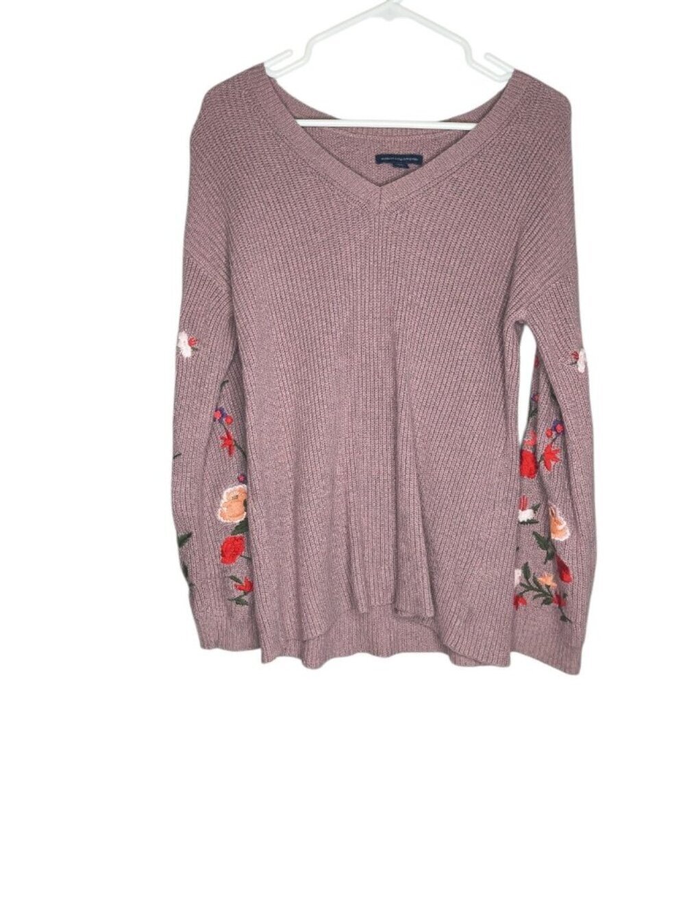 American Eagle Pink Embroidered Floral Sleeves V-Neck Sweater Womens Size Small